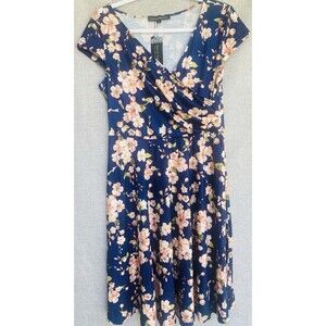 Oxiuly Fashion Women's Large Floral Fit & Flare Wrap Dress Navy Pink Flowers NWT